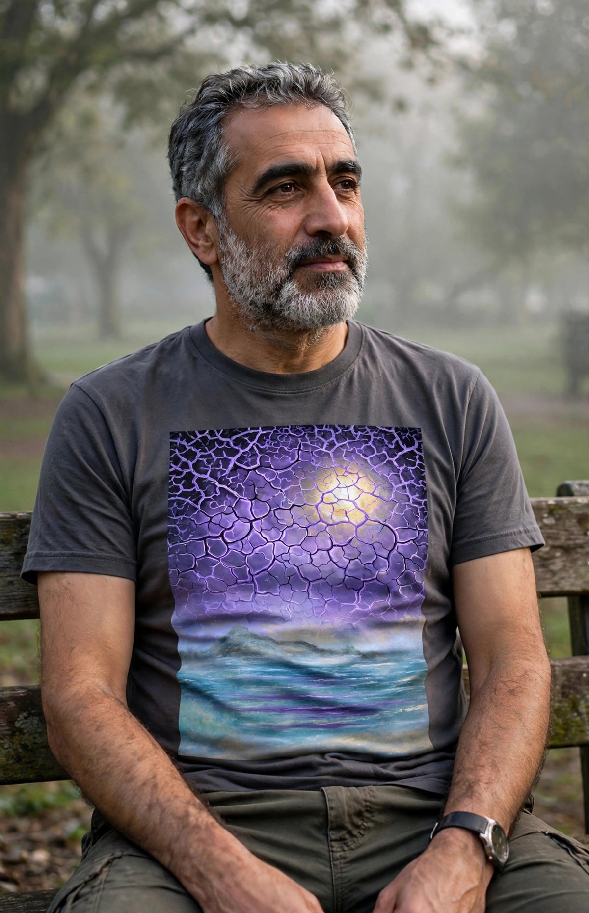 Man wearing the Violet Mist art print t-shirt seated on a park bench in morning mist