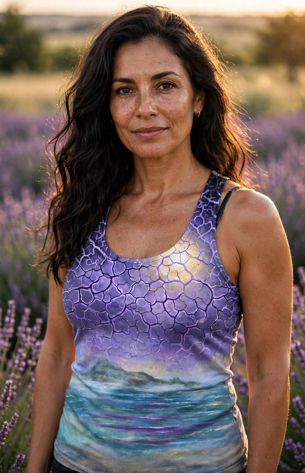 Woman modeling the Violet Mist women's racerback tank — Latina woman in her late 40s, long dark wavy hair, lavender field at golden hour