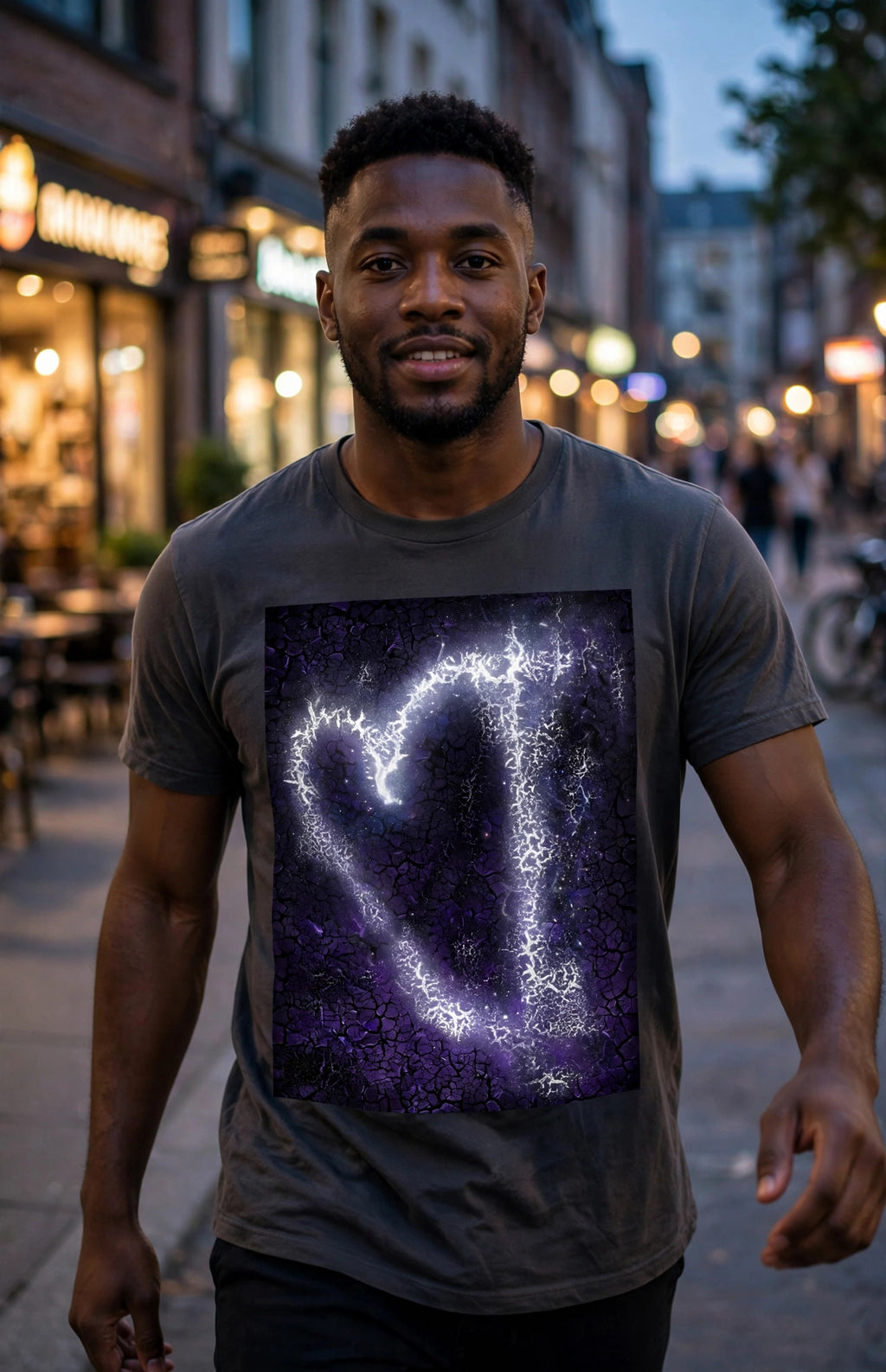 Man wearing the Violet Storm art print t-shirt on a city street at dusk