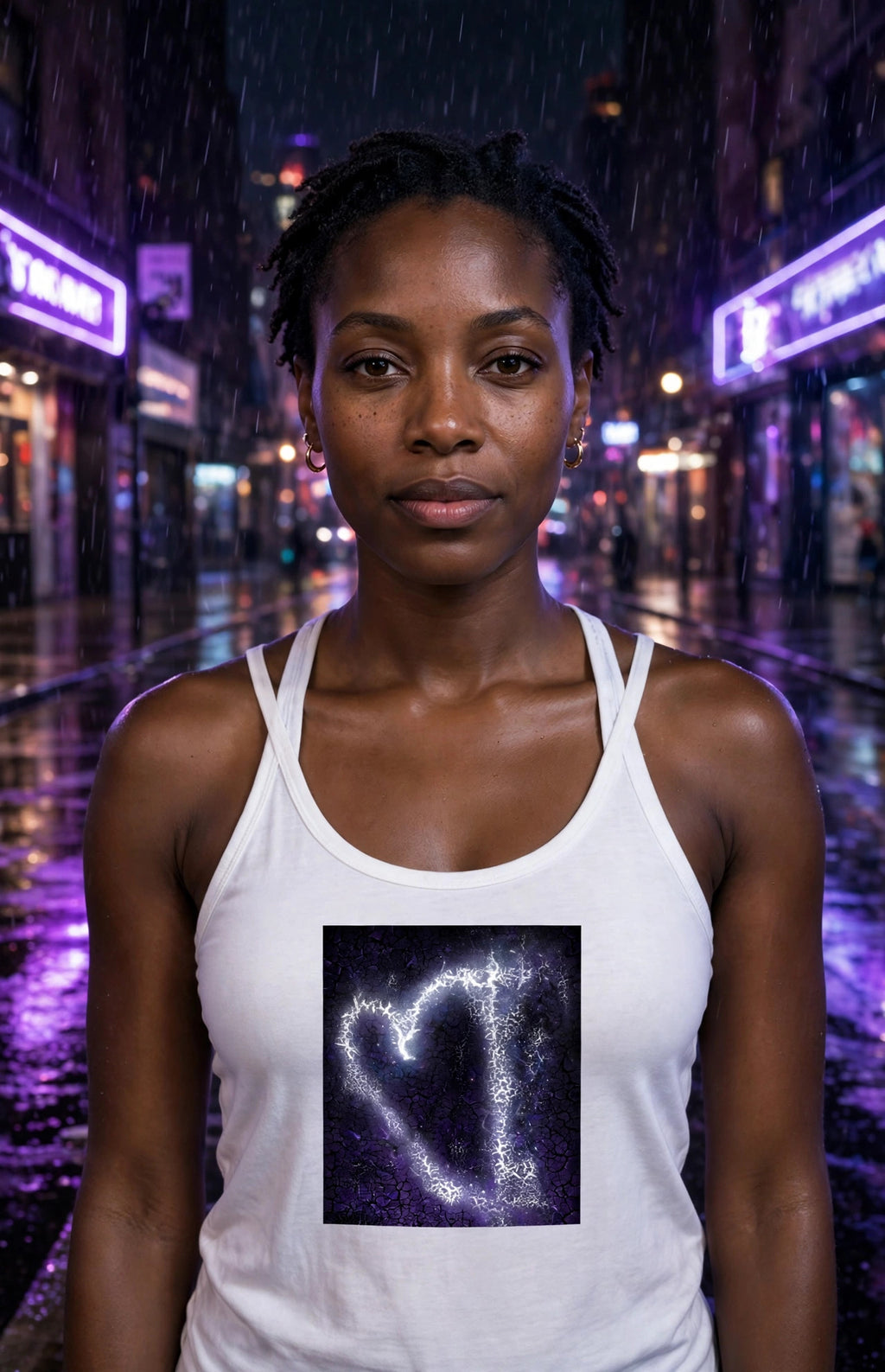 Woman wearing the Violet Storm racerback tank — purple crackle with a white lightning heart on a white tank