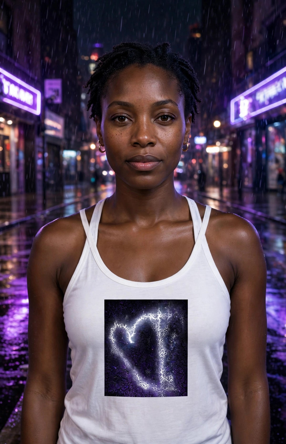 Woman wearing the Violet Storm racerback tank — purple crackle with a white lightning heart on a white tank