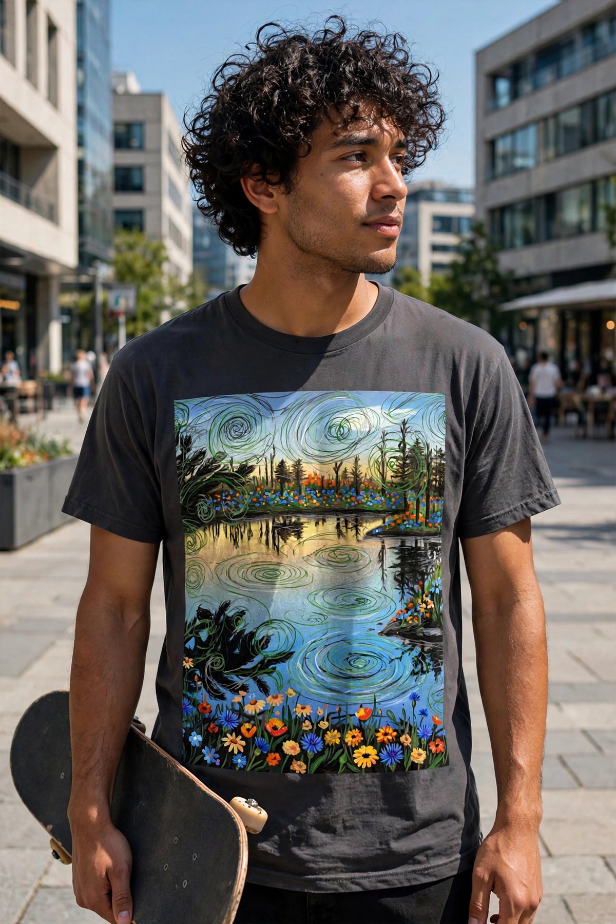 Man wearing the Wild Scribble art print t-shirt holding a skateboard on a city plaza
