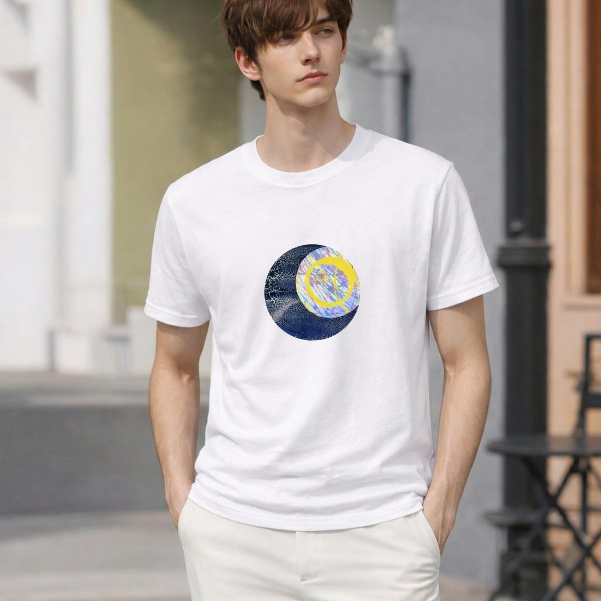Yellow Scribble Circle circle logo tee on model